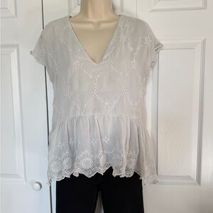 Zara White Embroidered Peplum Top | V-Neck | Size XS